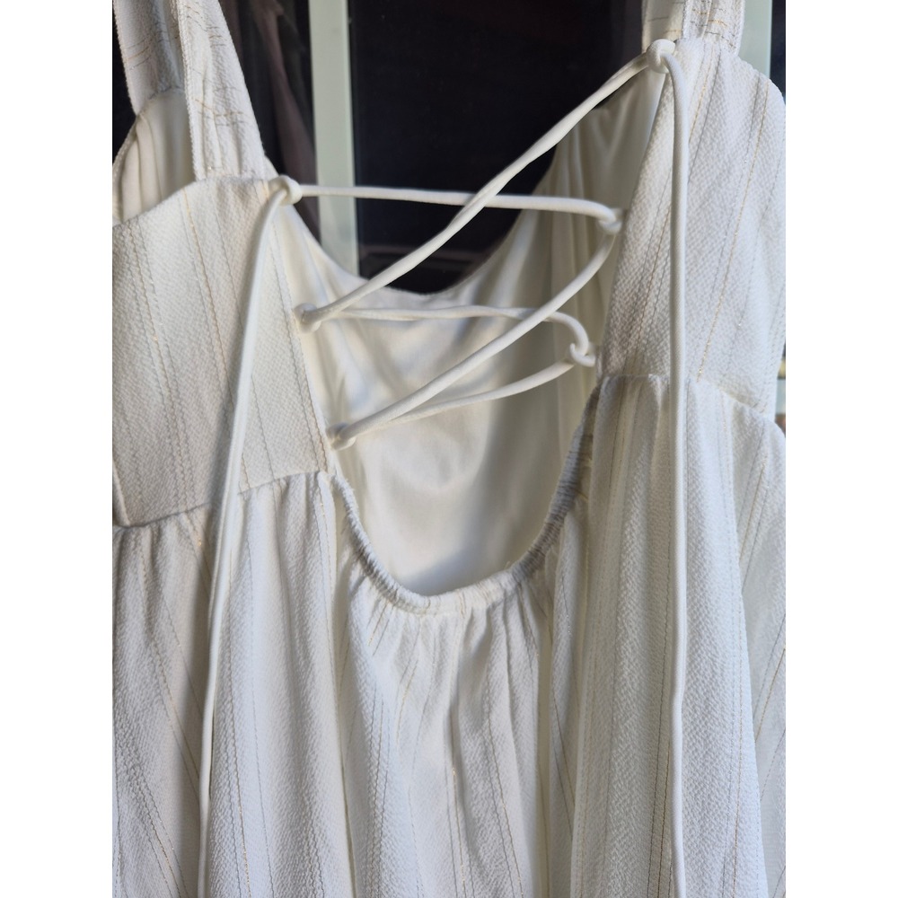 White Gold Pinstripe Ruffle Mini Dress Corset Lace Up Back Tie Strap Womens S - Picture 10 of 16